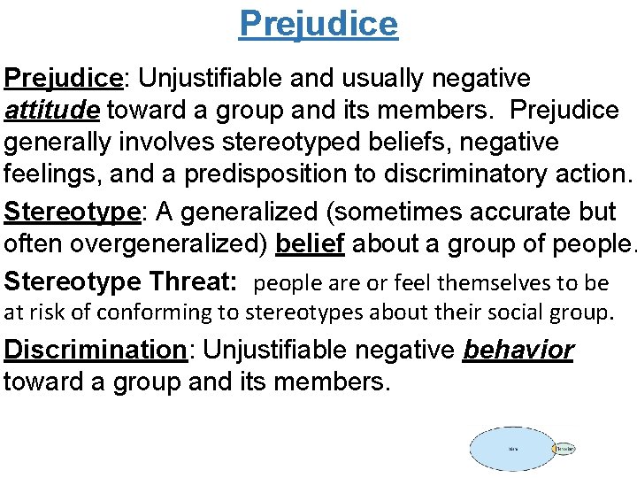 Prejudice: Unjustifiable and usually negative attitude toward a group and its members. Prejudice generally