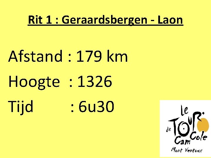 Rit 1 : Geraardsbergen - Laon Afstand : 179 km Hoogte : 1326 Tijd