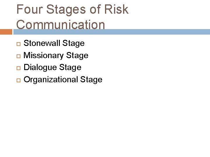 Four Stages of Risk Communication Stonewall Stage Missionary Stage Dialogue Stage Organizational Stage 