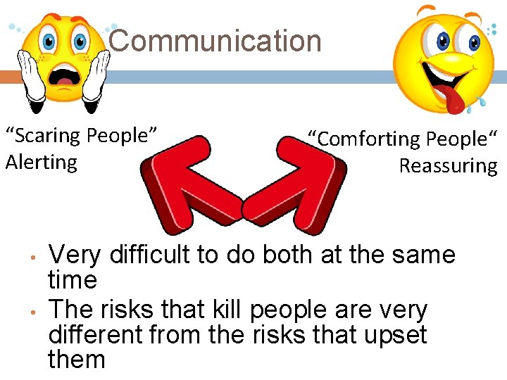 Risk Communication “Scaring People” Alerting • • “Comforting People“ Reassuring Very difficult to do