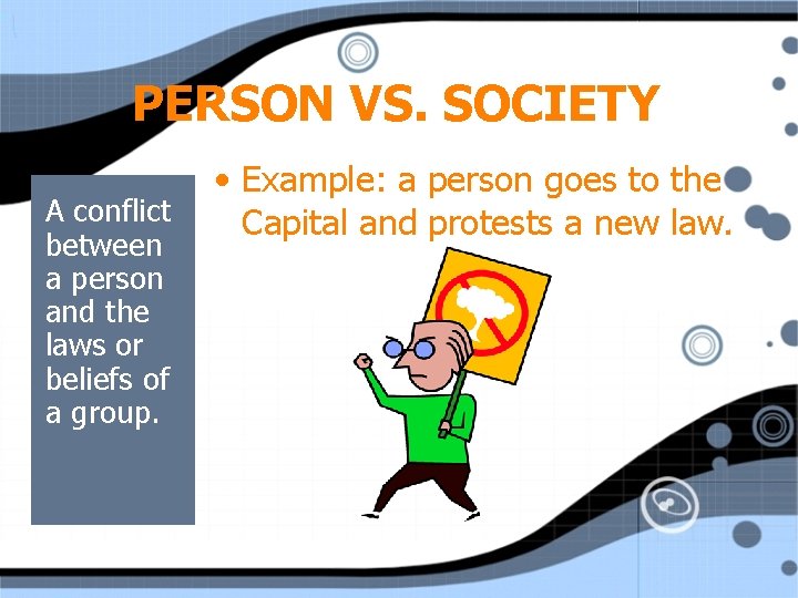 PERSON VS. SOCIETY A conflict between a person and the laws or beliefs of