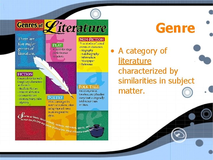 Genre • A category of literature characterized by similarities in subject matter. 
