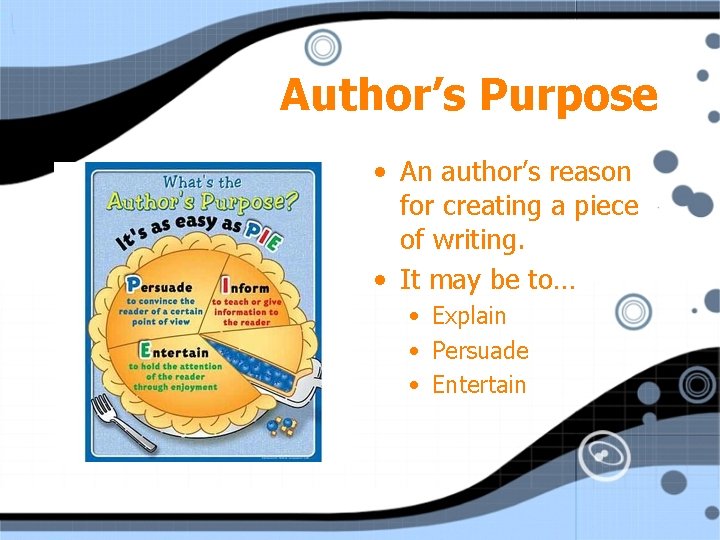 Author’s Purpose • An author’s reason for creating a piece of writing. • It