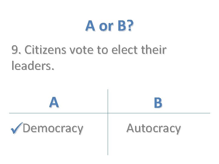 A or B? 9. Citizens vote to elect their leaders. A Democracy B Autocracy