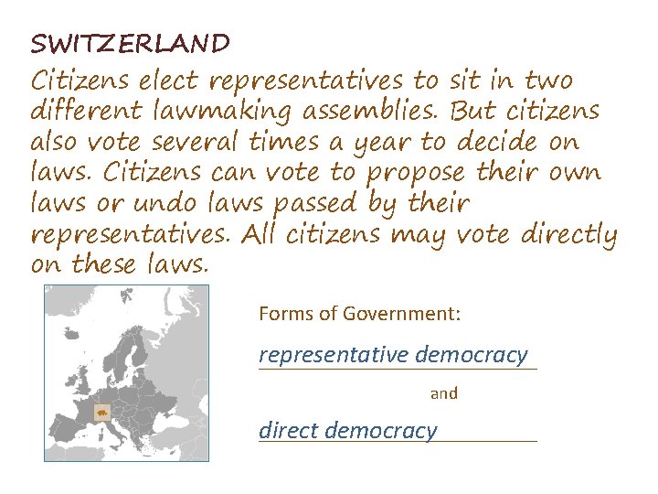 SWITZERLAND Citizens elect representatives to sit in two different lawmaking assemblies. But citizens also