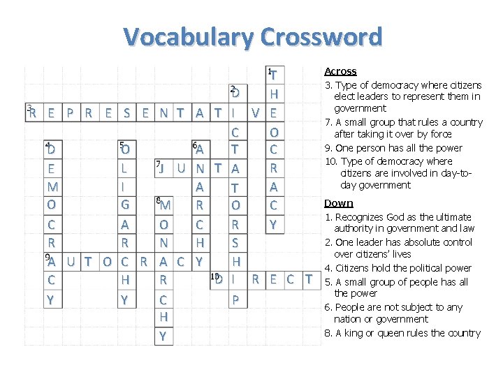 Vocabulary Crossword R E P R E S E N T D O L