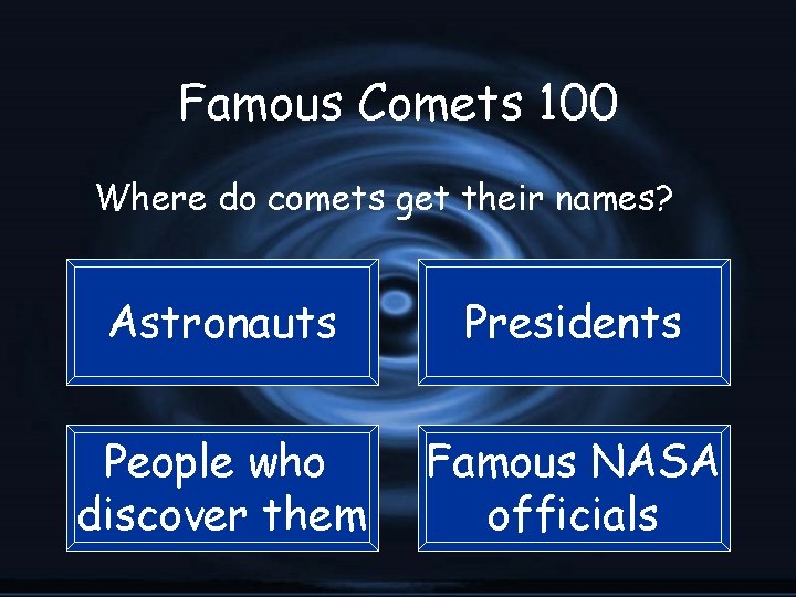 Famous Comets 100 Where do comets get their names? Astronauts Presidents People who discover