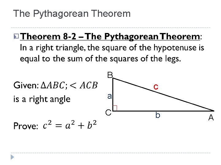 The Pythagorean Theorem � B a C c b A 