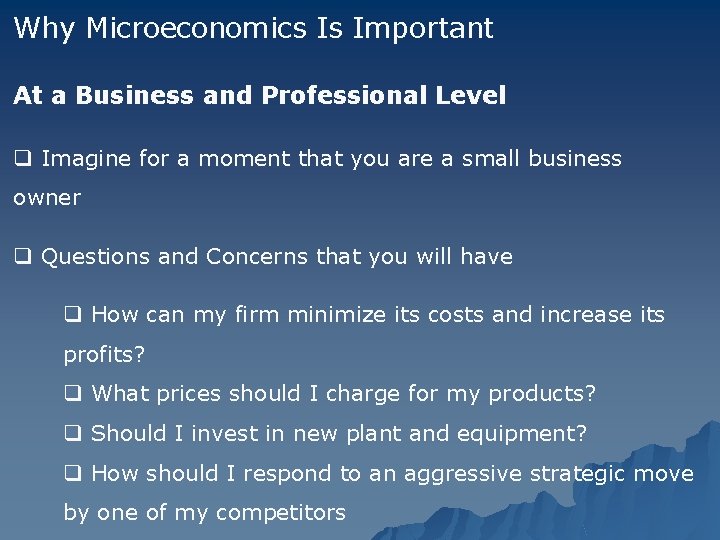 Why Microeconomics Is Important At a Business and Professional Level q Imagine for a