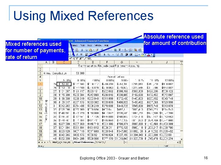 Using Mixed References Mixed references used for number of payments, rate of return Absolute Using Mixed References Mixed references used for number of payments, rate of return Absolute