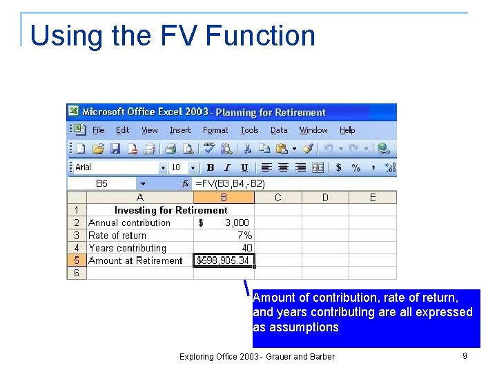 Using the FV Function Amount of contribution, rate of return, and years contributing are Using the FV Function Amount of contribution, rate of return, and years contributing are