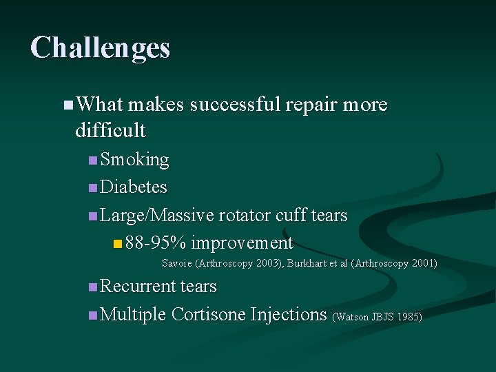 Challenges n What makes successful repair more difficult n Smoking n Diabetes n Large/Massive