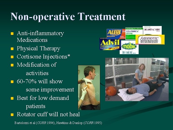 Non-operative Treatment n n n n Anti-inflammatory Medications Physical Therapy Cortisone Injections* Modification of