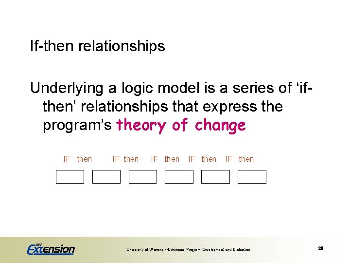 If-then relationships Underlying a logic model is a series of ‘ifthen’ relationships that express