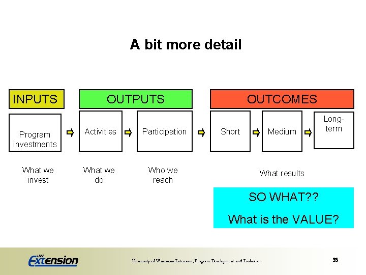 A bit more detail INPUTS Program investments What we invest OUTPUTS Activities Participation What