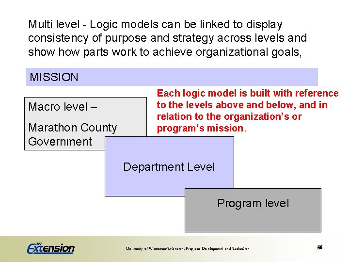 Multi level - Logic models can be linked to display consistency of purpose and