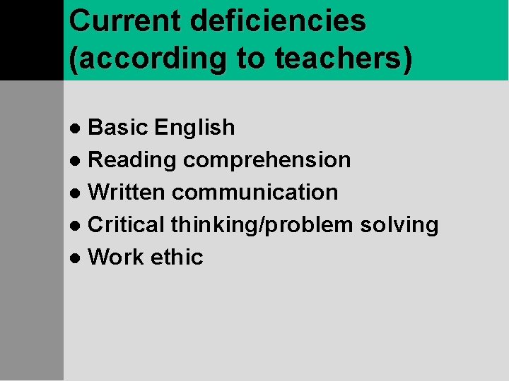 Current deficiencies (according to teachers) Basic English l Reading comprehension l Written communication l