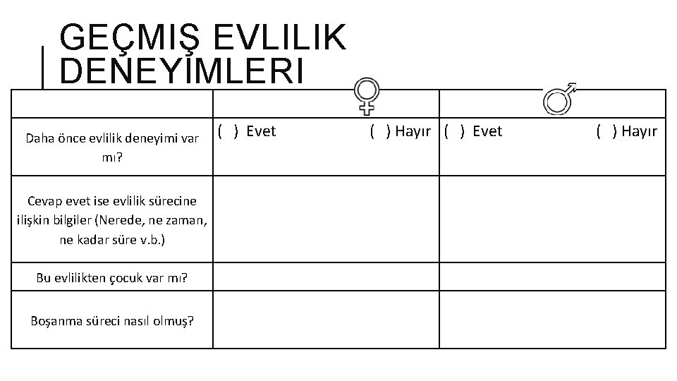 GEÇMIŞ EVLILIK DENEYIMLERI Daha önce evlilik deneyimi var mı? Cevap evet ise evlilik sürecine