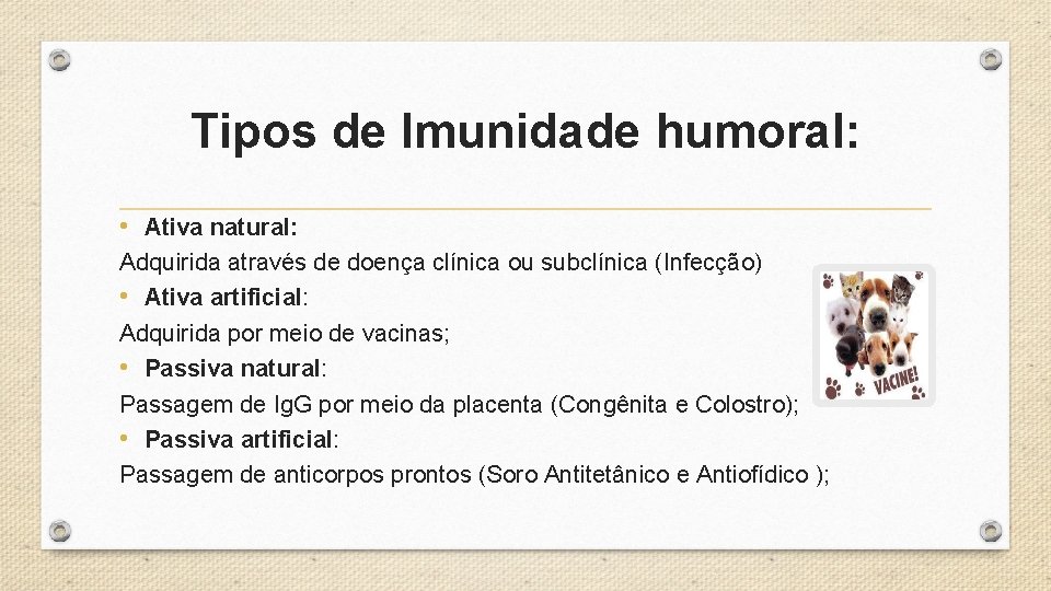 Tipos de Imunidade humoral: • Ativa natural: Adquirida através de doença clínica ou subclínica