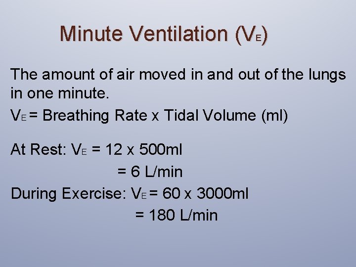 Minute Ventilation (VE) The amount of air moved in and out of the lungs