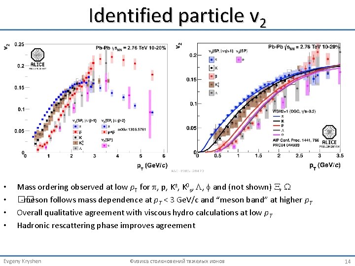 Identified particle v 2 • • Mass ordering observed at low p. T for