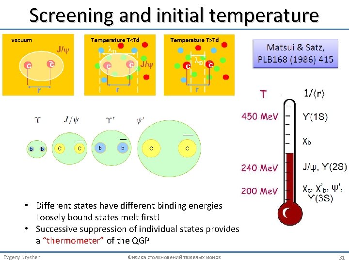 Screening and initial temperature • Different states have different binding energies Loosely bound states