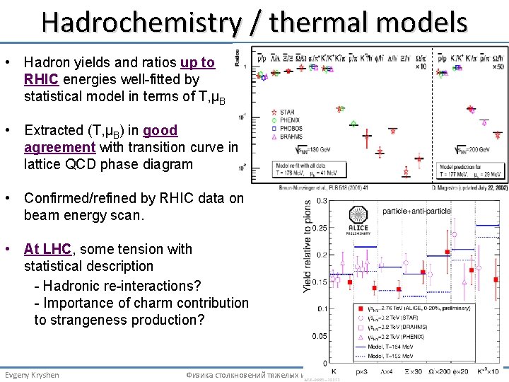 Hadrochemistry / thermal models • Hadron yields and ratios up to RHIC energies well-fitted