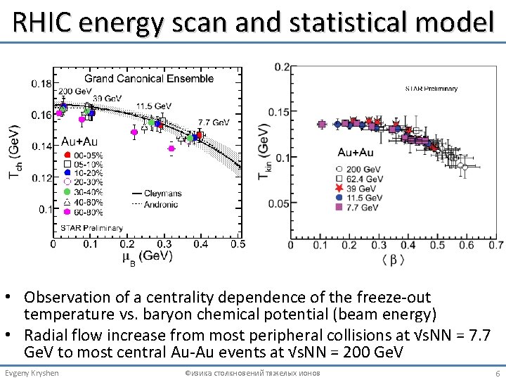RHIC energy scan and statistical model • Observation of a centrality dependence of the