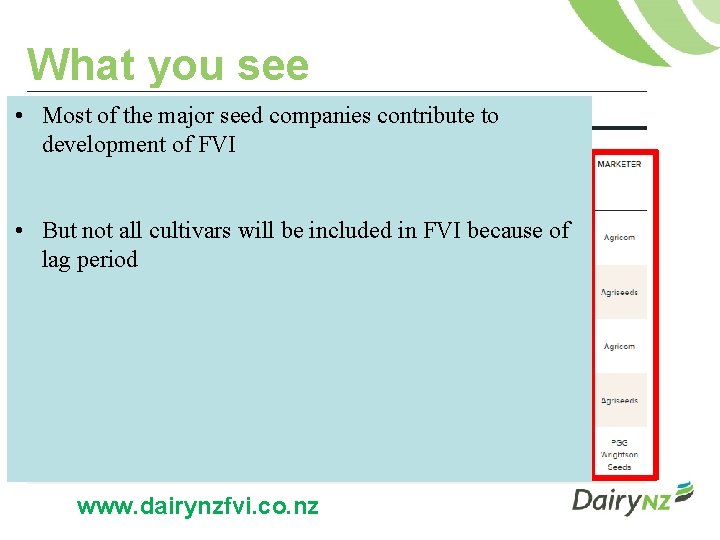 What you see • Most of the major seed companies contribute to development of