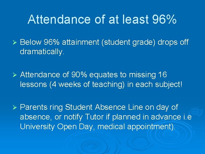 Attendance of at least 96% Ø Below 96% attainment (student grade) drops off dramatically.