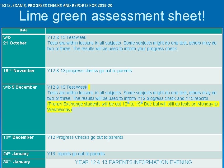 TESTS, EXAMS, PROGRESS CHECKS AND REPORTS FOR 2019 -20 Lime green assessment sheet! Date