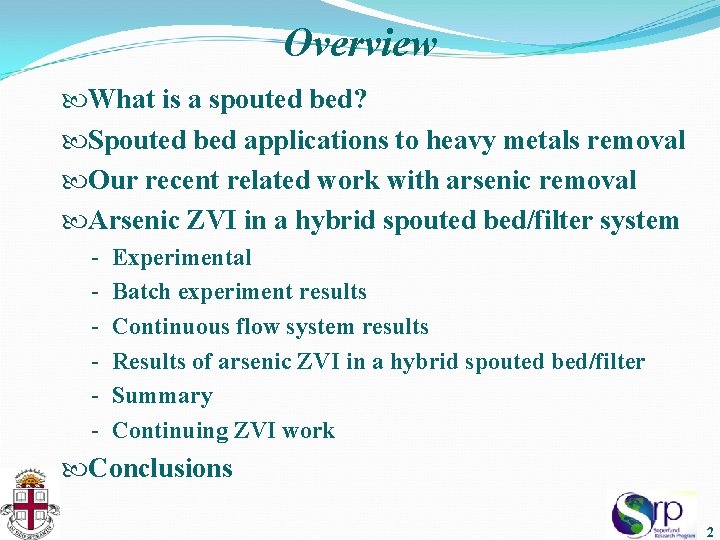Overview What is a spouted bed? Spouted bed applications to heavy metals removal Our
