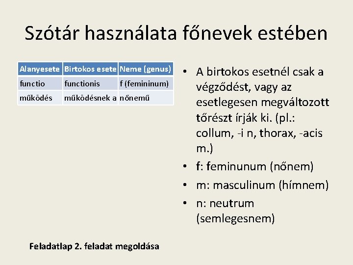 Szótár használata főnevek estében Alanyesete Birtokos esete Neme (genus) functionis f (femininum) működésnek a