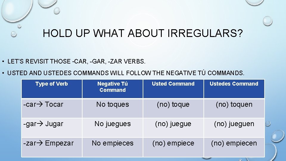 HOLD UP WHAT ABOUT IRREGULARS? • LET’S REVISIT THOSE –CAR, -GAR, -ZAR VERBS. •