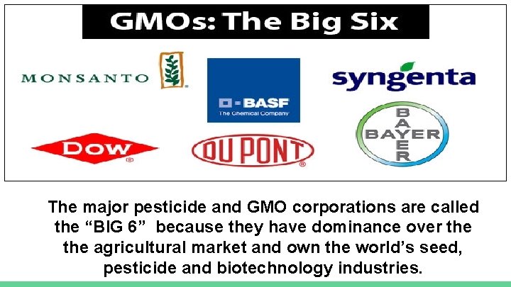 The major pesticide and GMO corporations are called the “BIG 6” because they have