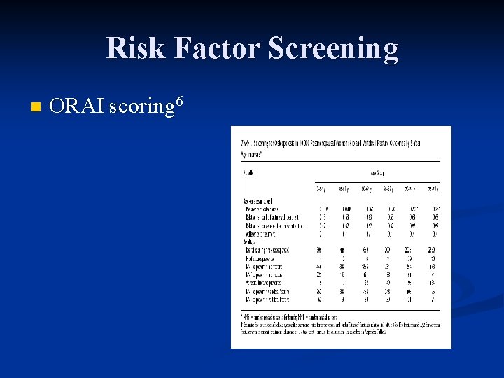 Risk Factor Screening n ORAI scoring 6 