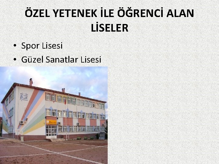 ÖZEL YETENEK İLE ÖĞRENCİ ALAN LİSELER • Spor Lisesi • Güzel Sanatlar Lisesi 