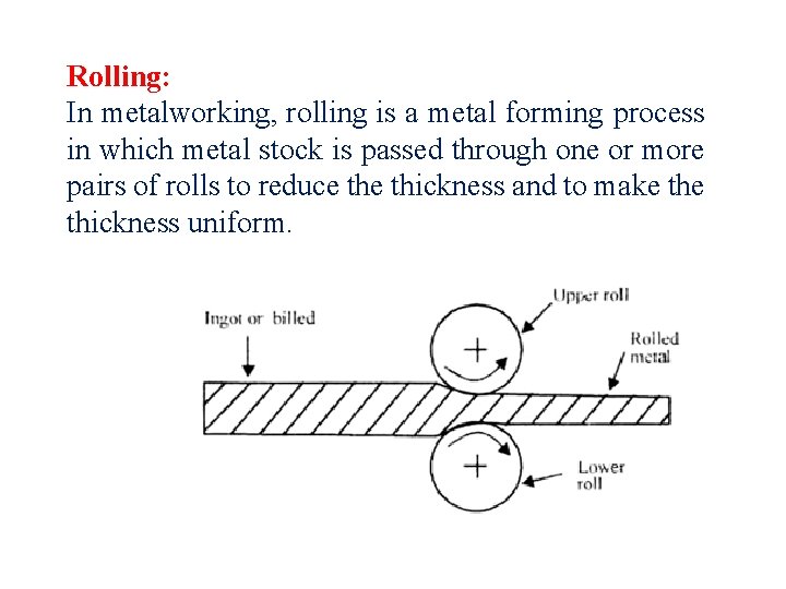 Rolling: In metalworking, rolling is a metal forming process in which metal stock is