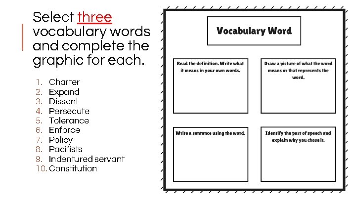 Select three vocabulary words and complete the graphic for each. 1. Charter 2. Expand