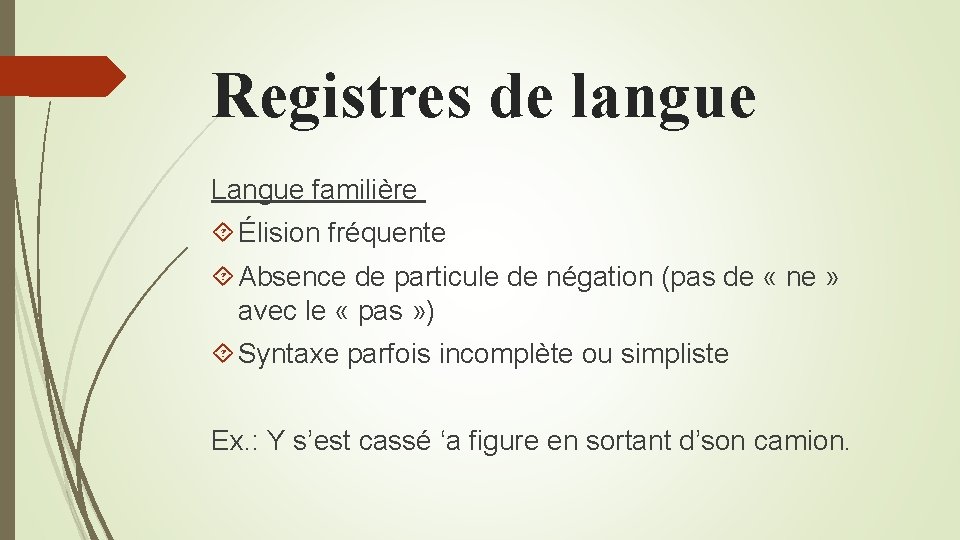 Registres de langue Langue familière Élision fréquente Absence de particule de négation (pas de