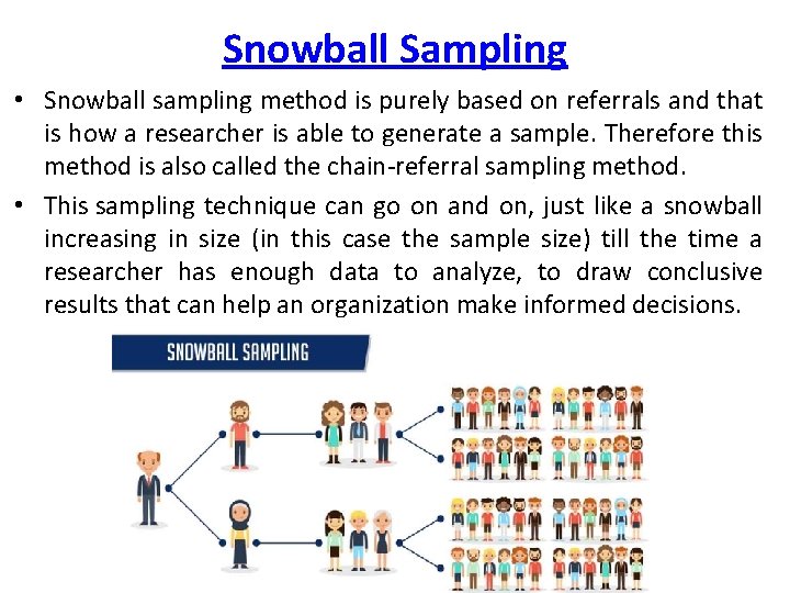 Snowball Sampling • Snowball sampling method is purely based on referrals and that is