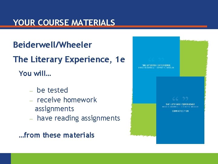 YOUR COURSE MATERIALS Beiderwell/Wheeler The Literary Experience, 1 e You will… be tested —