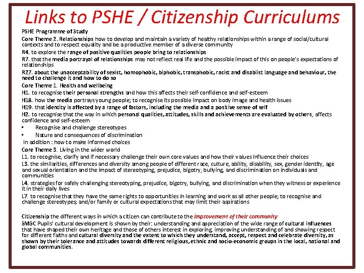 Links to PSHE / Citizenship Curriculums PSHE Programme of Study Core Theme 2. Relationships