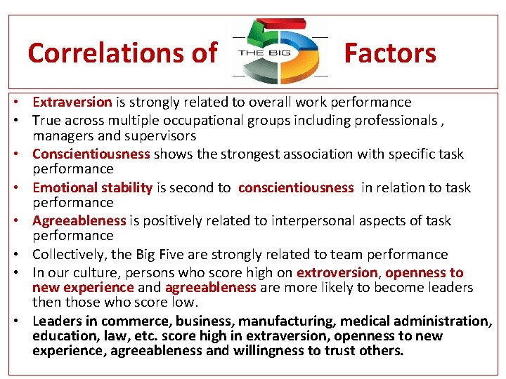 Correlations of Factors • Extraversion is strongly related to overall work performance • True