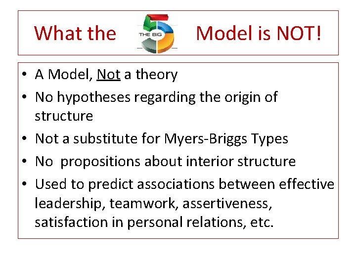 What the Model is NOT! • A Model, Not a theory • No hypotheses