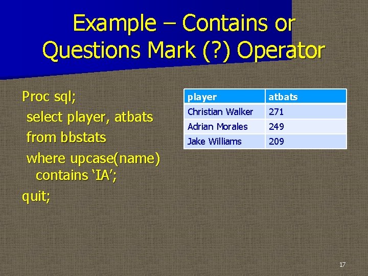 Example – Contains or Questions Mark (? ) Operator Proc sql; select player, atbats