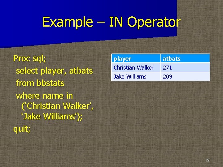 Example – IN Operator Proc sql; select player, atbats from bbstats where name in