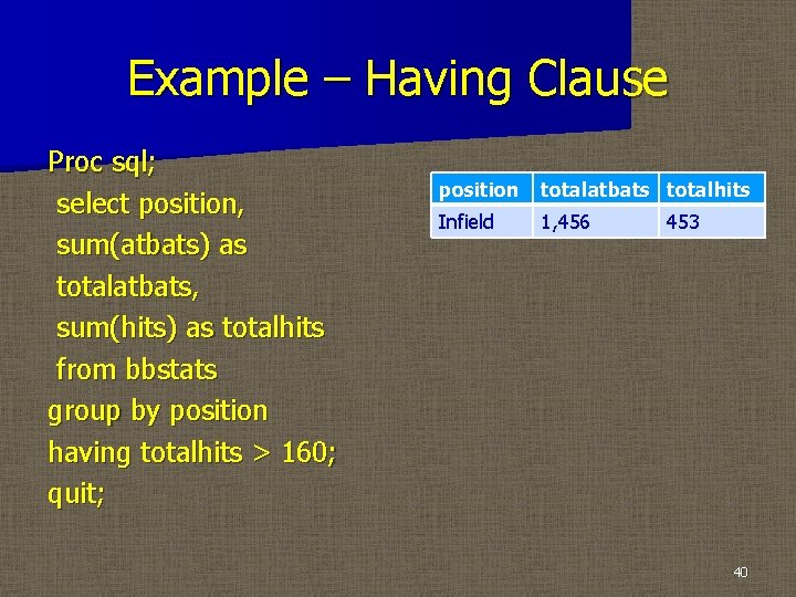 Example – Having Clause Proc sql; select position, sum(atbats) as totalatbats, sum(hits) as totalhits