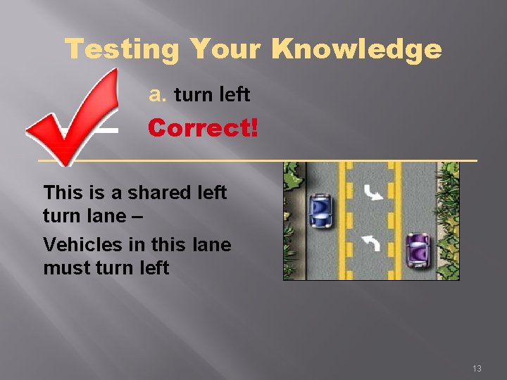Testing Your Knowledge a. turn left Correct! This is a shared left turn lane