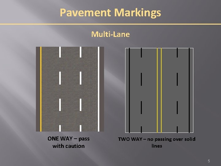 Pavement Markings Multi-Lane ONE WAY – pass with caution TWO WAY – no passing